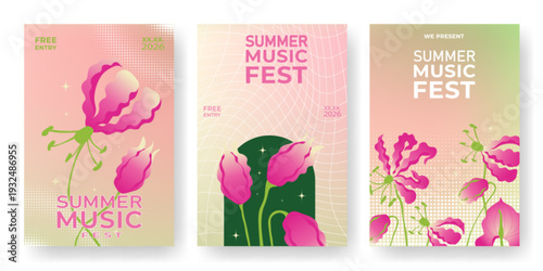 Music fest poster set with vibrant gradient, waves and abstract floral design, vector illustrations. Template for concert flyers, electro club events, and festival promotions.