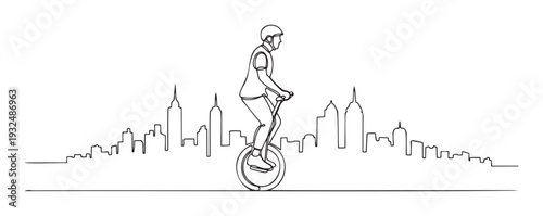 Dynamic continuous line drawing of a person wearing a helmet and riding a unicycle against a stylized city skyline, ideal for modern urban lifestyle or active commuting themes.