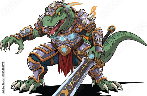 Fantasy dinosaur warrior standing ready with sword and armor in a heroic pose on a dark floor