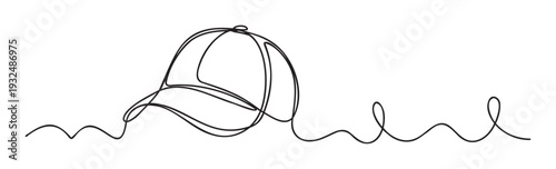 Continuous line drawing of a baseball cap with a curved brim and a top button creating a modern minimalist design perfect for apparel branding, sports promotion, or casual wear graphics.