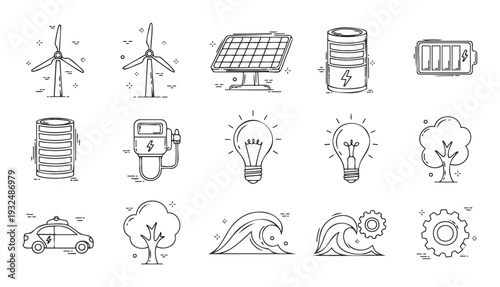 Diverse set of linear icons showcasing sustainable renewable energy sources including wind solar electric cars and eco friendly technology for environmental awareness and power saving