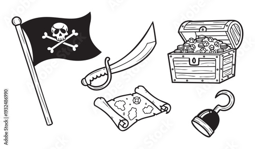 Classic pirate adventure collection featuring iconic symbols like a skull and crossbones flag, sharp saber, overflowing gold chest, detailed treasure map, and a hook, perfect for themed