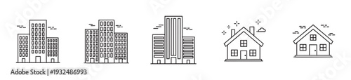 Collection of simple black outline icons representing various city buildings and houses, perfect for real estate presentations or architectural illustrations.