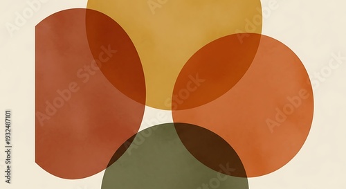 Abstract composition of overlapping translucent circles in earth tones against a neutral background