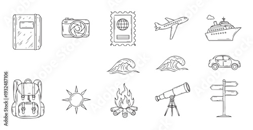 Outline travel and outdoor symbols including passport, camera, airplane, cruise ship, car, backpack, sun, campfire, waves, telescope, and direction sign for exploration projects.
