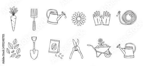 A collection of essential gardening tools and planting supplies presented in a simple doodle outline style, perfect for educational materials, garden center promotions, or home improvement