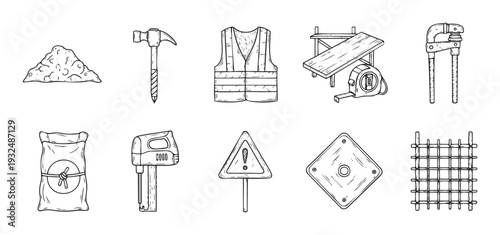 Assortment of essential construction tools and building materials including various equipment and safety elements for professional industry applications