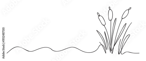 Minimalist continuous line drawing of cattail plants growing in a pond or marsh with a simple wavy water line, perfect for ecological themes, natureinspired decor, or wetland environmental