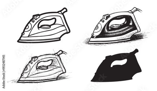 Collection of household steam iron drawings in various graphic styles perfect for laundry service branding and textile care industry advertisements