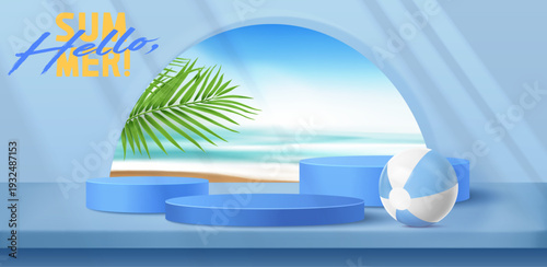Summer beach podium with palm tree and ocean view, realistic vector background. 3D product display platform with sandy shore. Tropical vacation scene with blue sky for summer cosmetic presentations.