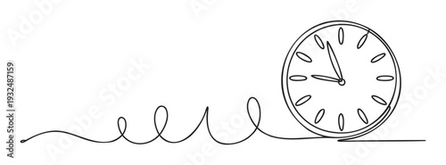 Continuous line drawing of a clock face with winding loops symbolizing the flow of time and deadline management for business presentations or educational materials