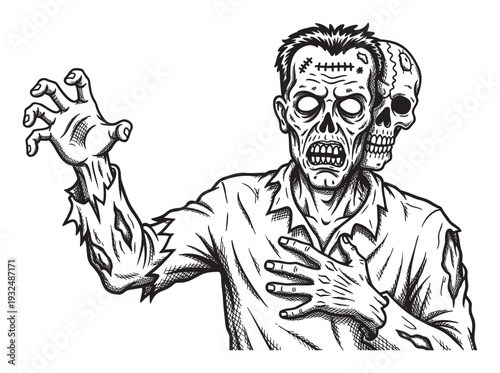 Grotesque zombie creature with a second skull emerging from its shoulder extending an arm and looking ahead, ideal for halloween event promotions or spooky themed merchandise