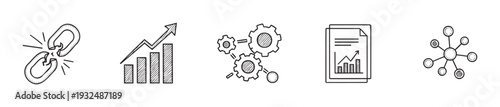 Collection of hand drawn business and conceptual icons illustrating ideas like disruption, financial growth, efficient process, analytical report, and interconnected network for