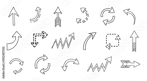 A comprehensive set of handdrawn directional arrows in various styles for indicating movement, progress, and navigational concepts in user interfaces and educational projects