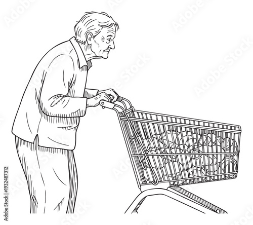 Elderly woman diligently pushing a shopping cart filled with fresh produce, perfect for depicting senior consumer lifestyle and daily grocery routines in health and wellness publications.