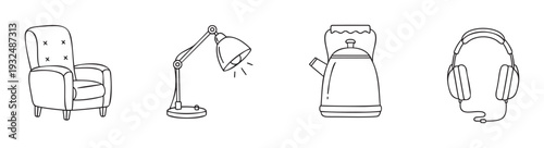 A curated selection of common household objects including a comfortable armchair, adjustable desk lamp, traditional tea kettle, and over ear headphones, perfect for contemporary lifestyle
