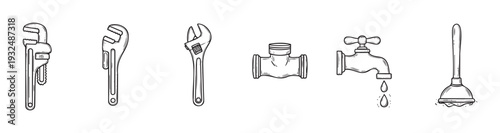Essential hand drawn plumbing tools and fixtures for home repair and maintenance services perfect for handyman businesses and DIY home renovation guides