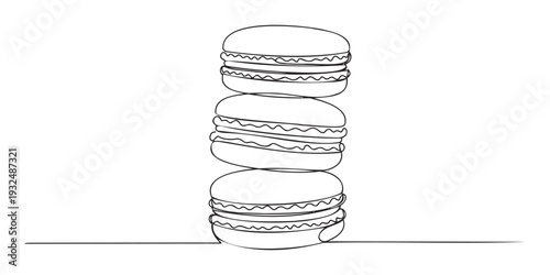 Elegant single line drawing of three stacked French macarons, perfect for bakery marketing materials, sweet treat promotions, or minimalist culinary branding.