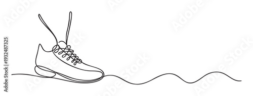 Dynamic continuous line drawing of a running shoe with laces and a wavy movement trail, perfect for fitness marketing materials or sports event promotions.