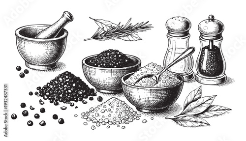 Assorted culinary seasoning ingredients including whole black peppercorns, salt crystals, a mortar and pestle, fragrant rosemary, and bay leaves for cooking recipe concepts and food
