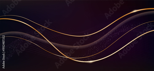 Abstract premium burgundy background with gold ribbon waves, realistic vector. Flowing golden line curves with metallic shine effect. Bright elegant backdrop, award banner or invitatio design