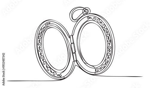 Elegant open locket pendant outline drawing capturing a nostalgic memory, ideal for graphic projects, romantic event invitations, or sentimental presentations.