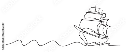 Minimalist one line drawing of an elegant sailing ship navigating ocean waves, perfect for maritime adventure themed graphic projects, branding, or decorative prints.