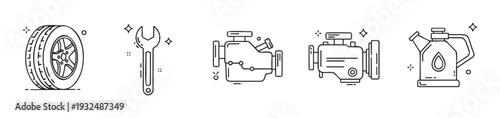 Professional automotive repair service icons depicting essential vehicle components and tools like tire, wrench, engine, and oil for mechanic shop websites, apps, and presentations