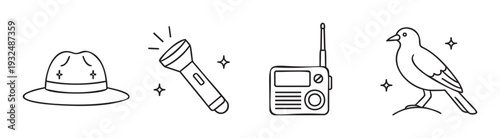 Collection of outdoor adventure and communication icons including an explorer hat, a shining flashlight, a walkie talkie, and a bird, ideal for nature or scout themed projects