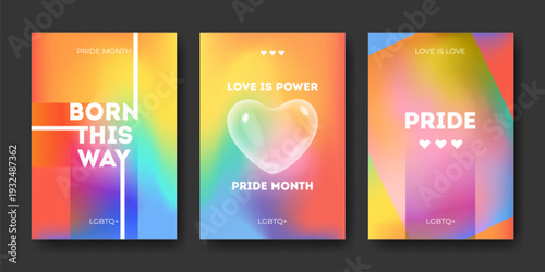 Pride month poster with rainbow gradient background. LGBT celebration abstract graphic colorful design with 3d transparent heart bubbles, gay parade flyer, social media banner, or event cover template