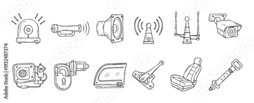 Assortment of hand drawn car parts and security system components including siren, speaker, camera, and locks, ideal for automotive manuals and vehicle safety presentations