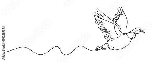 Minimalist continuous line drawing of a soaring dove creating a wavy trail, ideal for themes of peace, freedom, and spiritual concepts in various graphic projects