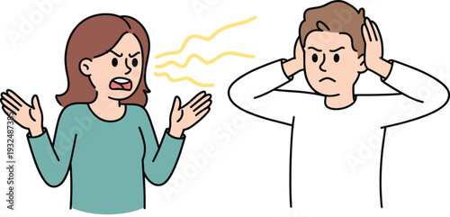 Angry Woman Shouting at Partner His Ears, Concept of Relationship Conflict and Communication Breakdown, Domestic Argument and Verbal Aggression, Couple and Emotional Stress Vector Illustration
