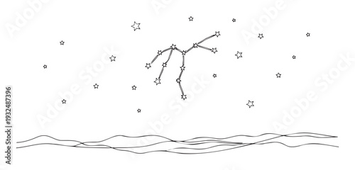 Minimalist outline drawing of a star constellation and scattered celestial bodies above gentle wavy lines, perfect for childrens learning materials, dreamy bedroom decor, or astrological