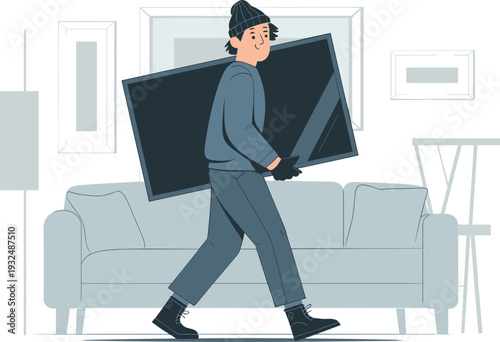 Burglar in Mask and Gloves Television from Living Room, Concept of Home Burglary and Property Theft, Criminal Carrying Flat Screen TV Robbery, and Security System Failure Vector Illustration