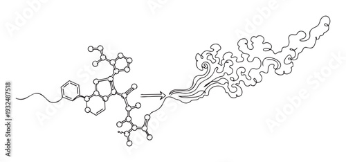 Complex chemical structure transforming into an abstract swirling energy cloud illustrating scientific innovation and molecular activity for educational and research materials