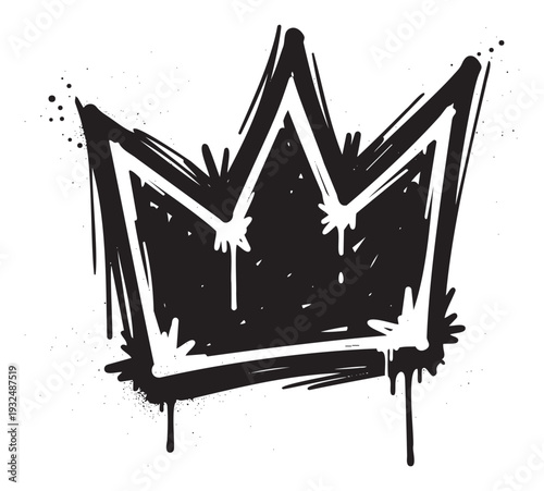 Bold black and white crown graffiti with spray paint splatters and dripping ink expressing urban royalty and street culture perfect for merchandise apparel posters and music album covers