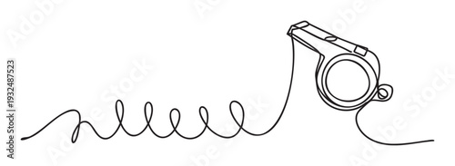 Dynamic continuous line drawing of a referee whistle with a spiraling cord, ideal for sports event promotions, coaching presentations, or active lifestyle branding materials.