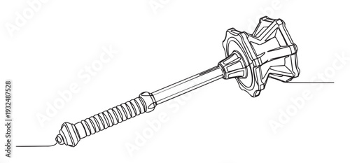 A striking single continuous line drawing of a powerful medieval mace, ideal for use in historical weapon graphics, martial arts themed content, or educational materials about ancient