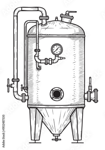 Industrial fermentation tank with a pressure gauge and piping for brewing and beverage production suitable for manufacturing diagrams and factory equipment visuals