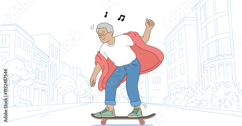 Active Senior Man Riding Skateboard on City Street, Concept Aging and Vitality, Energetic Elderly Person Enjoying Youthful Hobby, and Modern Outdoor Lifestyle for Seniors Vector Illustration