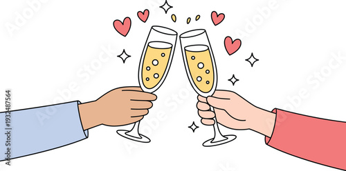 Close-up of Hands Clinking Glasses with Red Heart Symbols, Concept of Romantic Celebration and Toasting to Love, Anniversary or Valentine's Day , and Joyful Partnership Event Vector Illustration