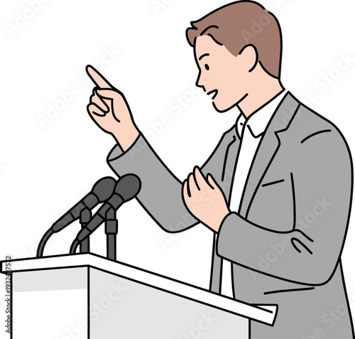 Confident Male Politician Giving Speech  Concept of Public Speaking and Political Campaign, Charismatic Speaker Addressing Audience during Press Conference, and Leadership Strategy Vector Illustration