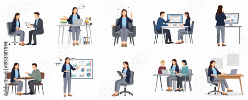 Diverse Business People in Various Office Situations Illustration Collection
