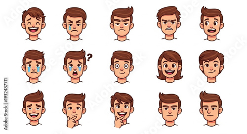 Diverse collection of cartoon faces expressing various human emotions and feelings.