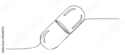 Continuous line drawing of a pharmaceutical capsule representing medicine, health, and treatment, ideal for medical graphics, healthcare advertising, or wellness content applications.