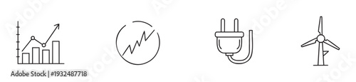 Minimalist line icons representing power generation, electricity supply, financial market growth, and renewable energy sources like wind turbines, ideal for modern business presentations
