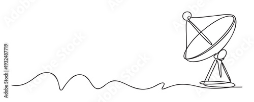 A minimalist continuous line drawing depicting a satellite dish transmitting a wavy signal perfect for telecommunication projects technology blogs and modern connectivity graphics