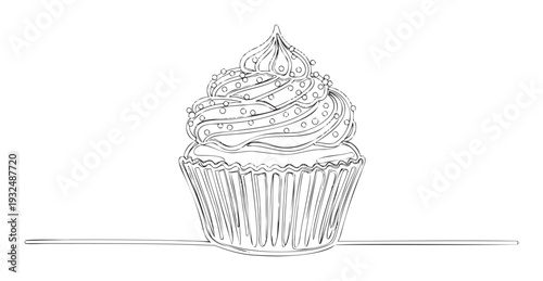 Delightful continuous line drawing of a delicious cupcake adorned with creamy frosting and playful sprinkles, perfect for sweet treat themed branding, bakery promotions, or dessert shop