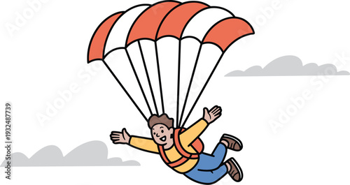 Happy Young Man Skydiver Parachuting in Blue Sky, Concept of Extreme Sports and Outdoor Adventure, Joyful Paragliding Experience, and Active Lifestyle Adrenaline Vector Illustration